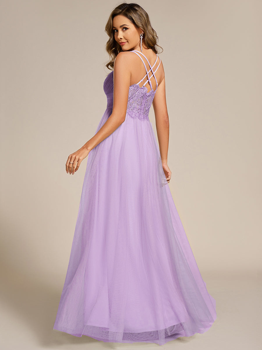 Chic Lace Sheer Back and Cross Straps V-Neck Sleeveless Bridesmaid Dress #color_Lavender