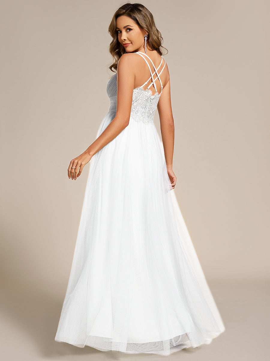 Chic Lace Sheer Back and Cross Straps V-Neck Sleeveless Bridesmaid Dress #color_White