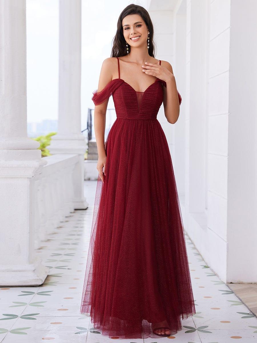 Spaghetti Strap Backless Sweetheart A-Line Tulle Bridesmaid Dress #color_Burgundy