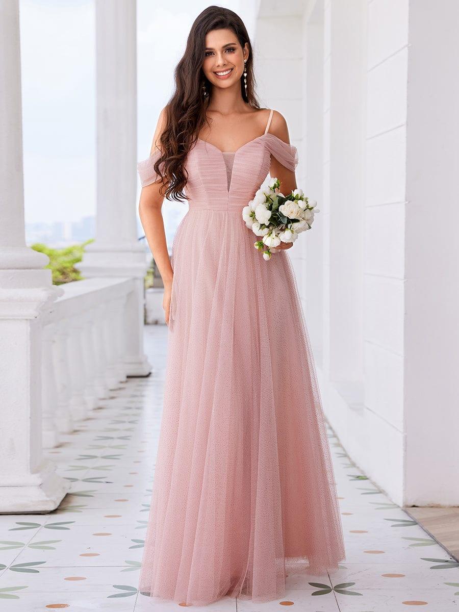 Spaghetti Strap Backless Sweetheart A-Line Tulle Bridesmaid Dress #color_Pink