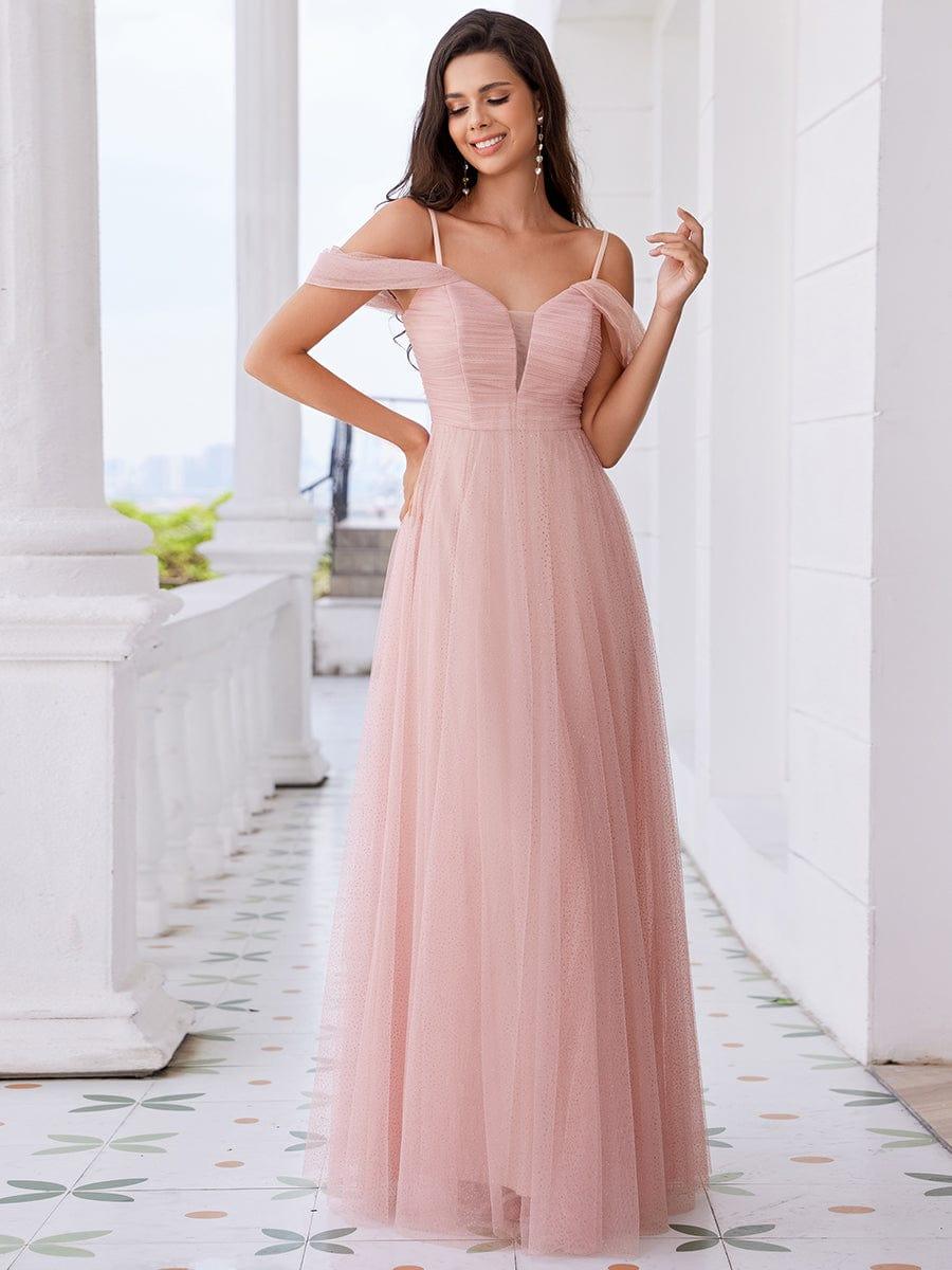 Spaghetti Strap Backless Sweetheart A-Line Tulle Bridesmaid Dress #color_Pink