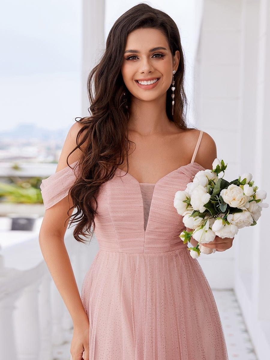 Spaghetti Strap Backless Sweetheart A-Line Tulle Bridesmaid Dress #color_Pink