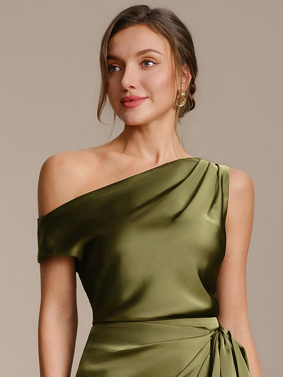 Satin Off-the-shoulder Sleeve Off The Shoulder Tops #color_Olive Green
