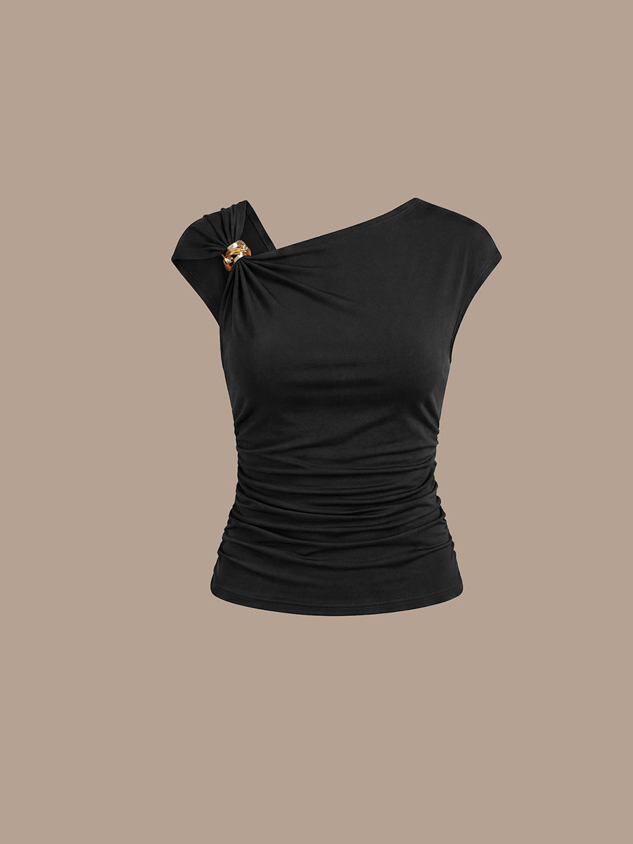 Knit Cap Sleeve Asymmetrical Neckline Tops #color_Black