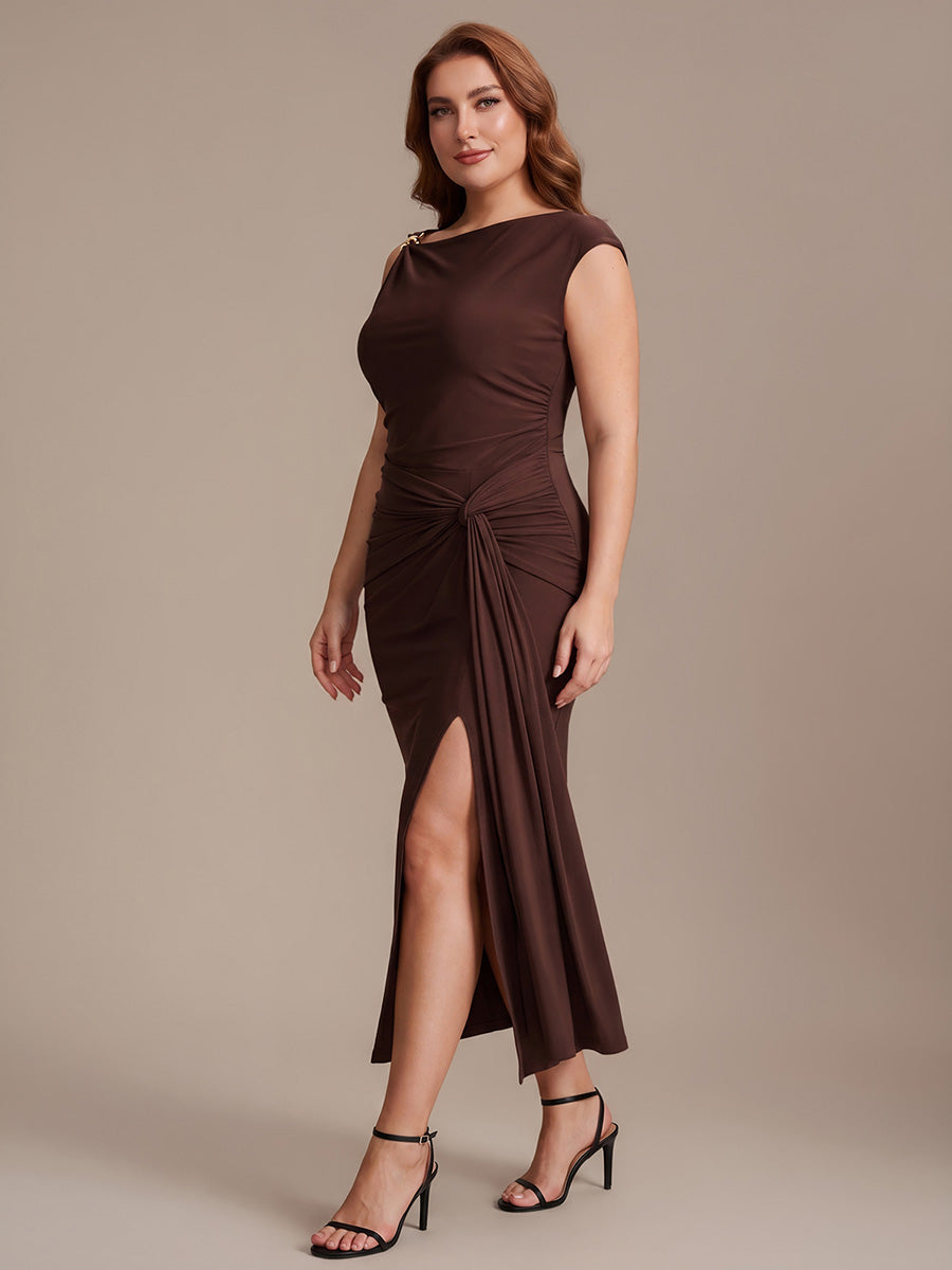 Knit Cap Sleeve Asymmetrical Neckline Tops #color_Chocolate Brown