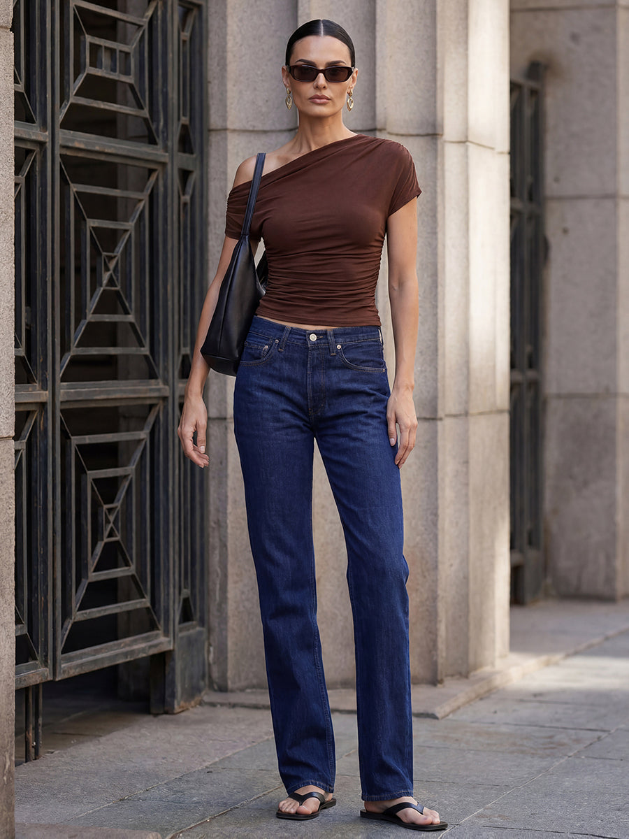 Knit Off-the-shoulder Sleeve Off The Shoulder Tops #color_Chocolate Brown