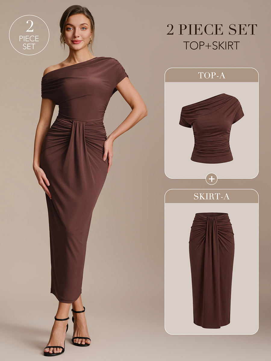 Knit Bodycon Midi Length Skirts #color_Chocolate Brown