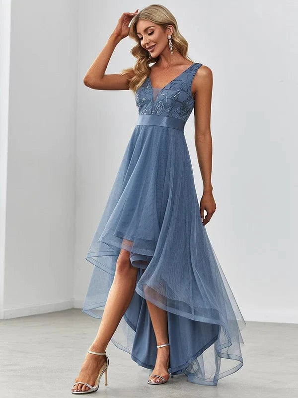 ever SASHIA|Fashion High-Low Deep V Neck Tulle Prom Dresses with Sequin Appliques