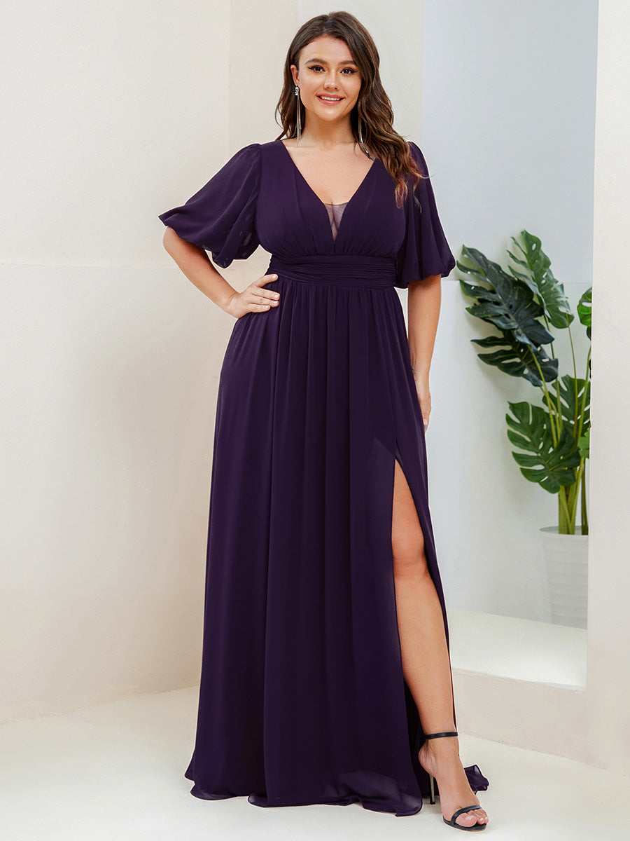 Chiffon Illusion V-Neck Flutter Sleeve Front Slit Evening Dress #Color_Dark Purple