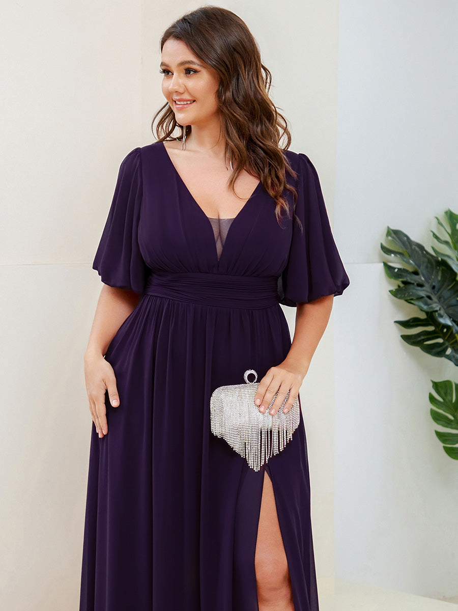 Chiffon Illusion V-Neck Flutter Sleeve Front Slit Evening Dress #Color_Dark Purple