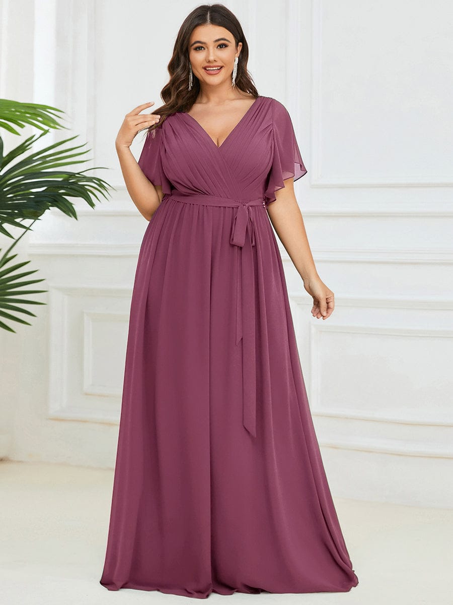 Plus Size Ruffle Pleated Chiffon Tie-Waist Evening Dress #color_Damson