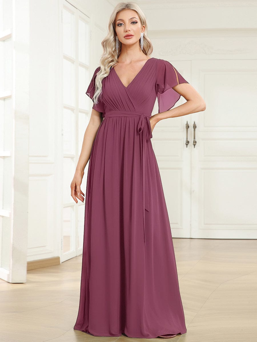 A-Line Pleated Chiffon Tie-Waist Bridesmaid Dress #color_Damson