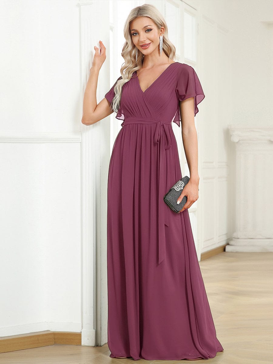 A-Line Pleated Chiffon Tie-Waist Bridesmaid Dress #color_Damson