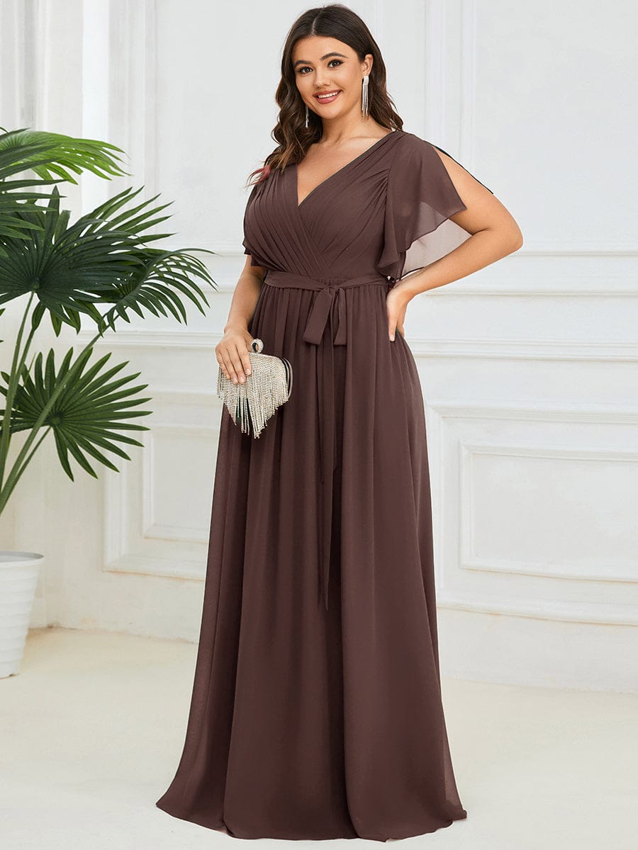 Plus Size Ruffle Pleated Chiffon Tie-Waist Evening Dress #color_Espresso