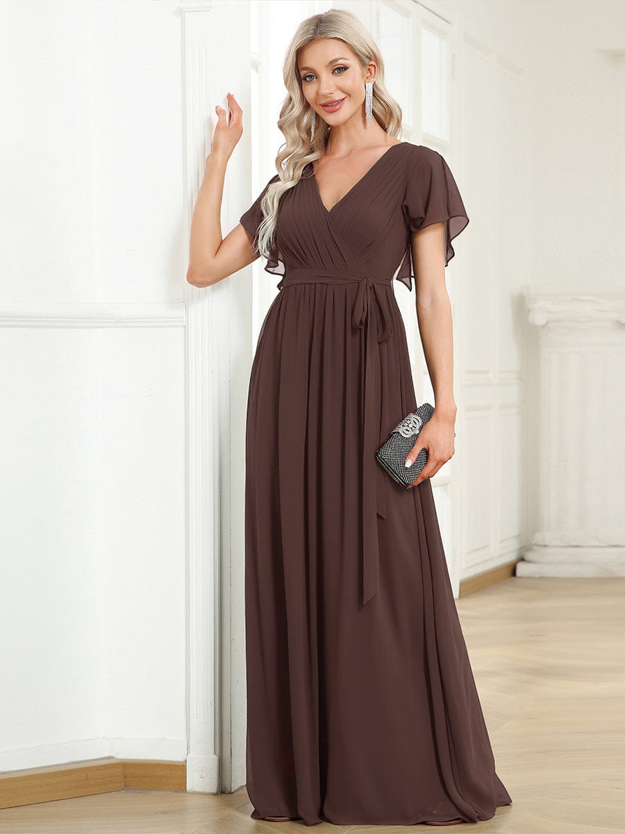 A-Line Pleated Chiffon Tie-Waist Bridesmaid Dress #color_Espresso