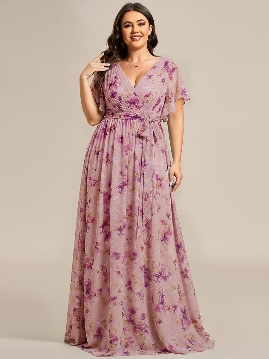 A-Line Pleated Chiffon Tie-Waist Bridesmaid Dress #color_Light Purple Print