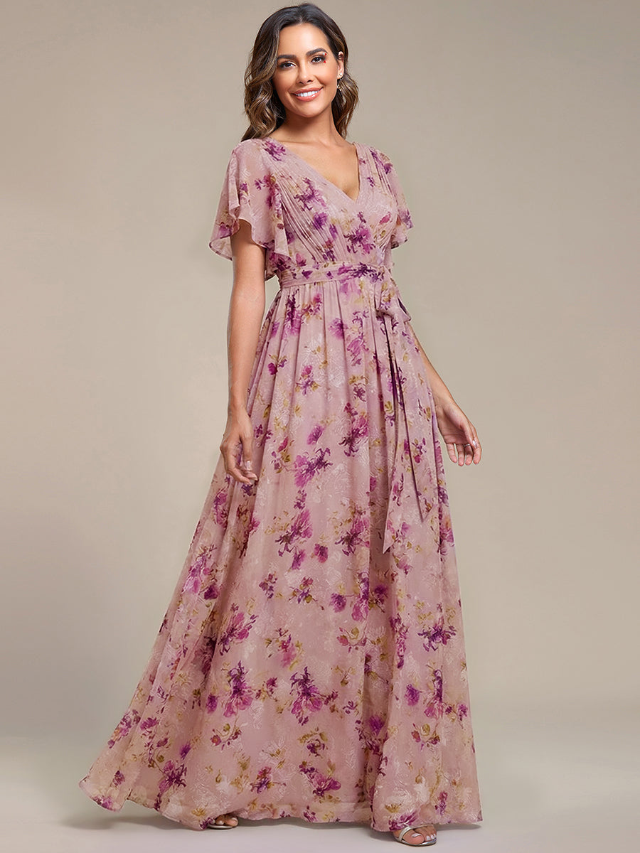 A-Line Pleated Chiffon Tie-Waist Bridesmaid Dress #color_Light Purple Print