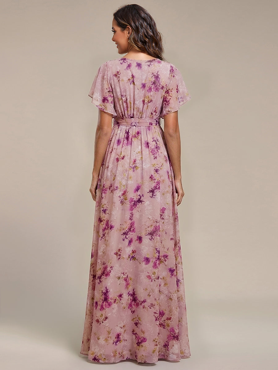 A-Line Pleated Chiffon Tie-Waist Bridesmaid Dress #color_Light Purple Print
