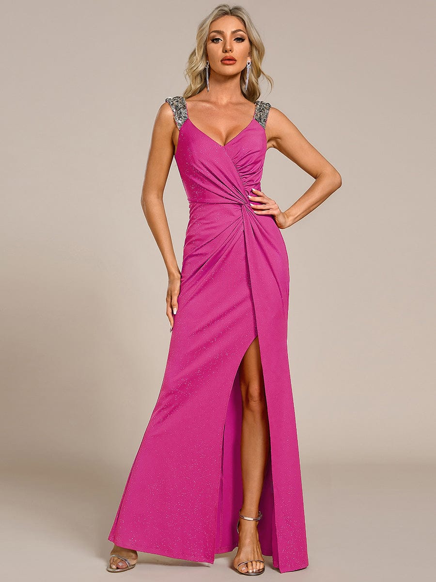 Glitter V-Neck High Slit Sequin Shoulder Strap Evening Dress #color_Hot Pink