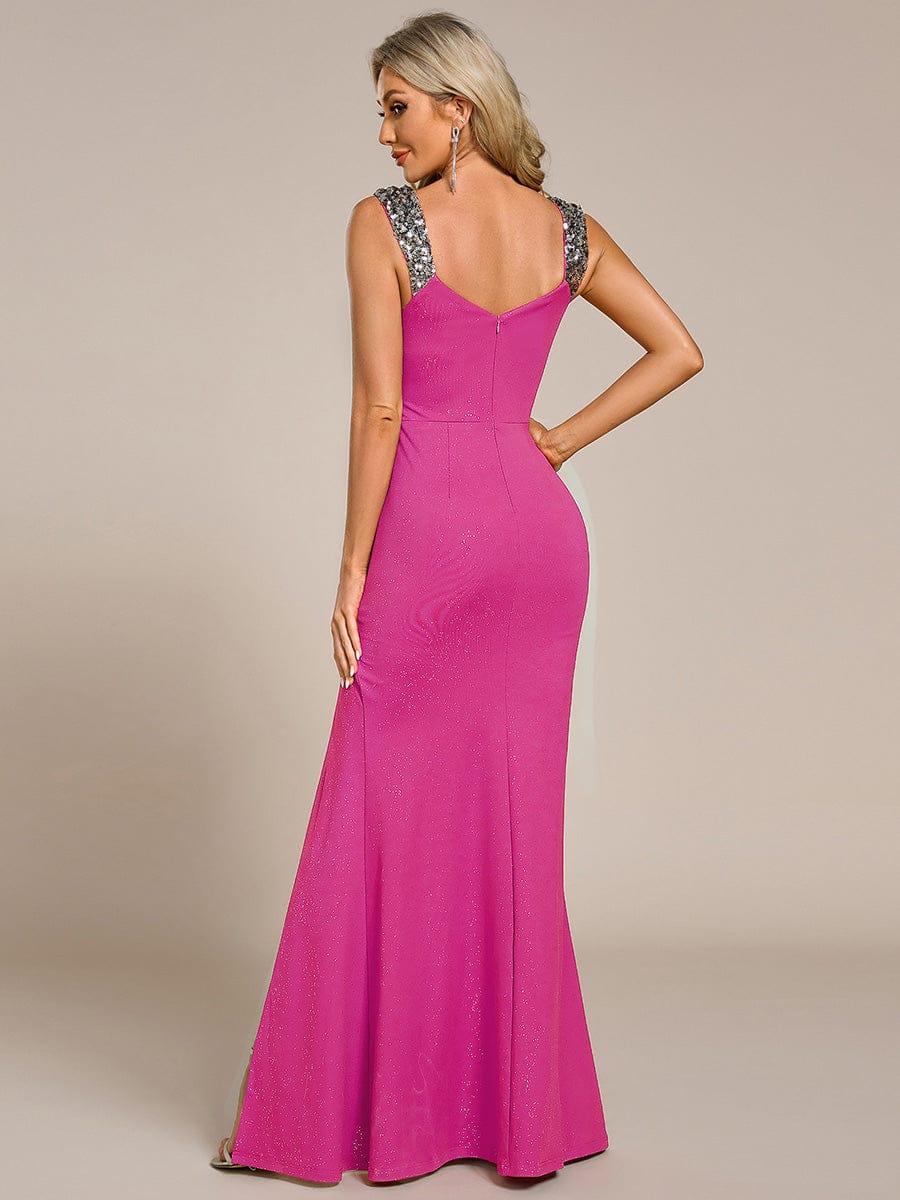 Glitter V-Neck High Slit Sequin Shoulder Strap Evening Dress #color_Hot Pink
