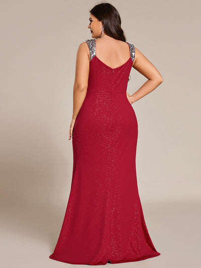Plus Size Glitter V-Neck High Slit Sequin Shoulder Strap Evening Dress #color_Red