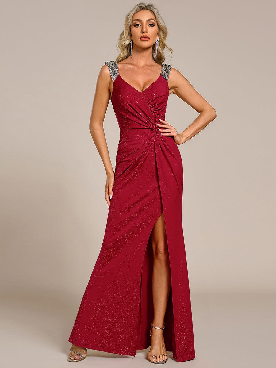 Glitter V-Neck High Slit Sequin Shoulder Strap Evening Dress #color_Red