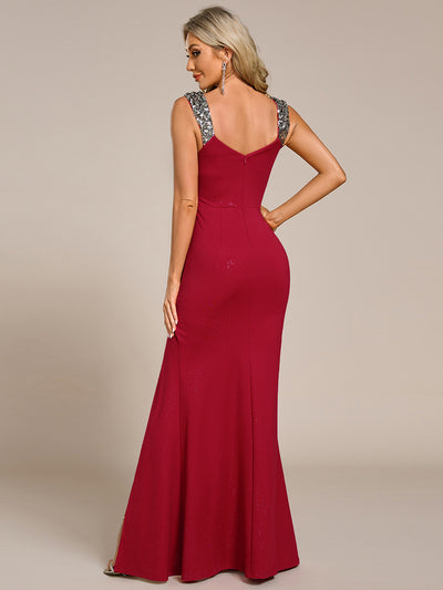 Glitter V-Neck High Slit Sequin Shoulder Strap Evening Dress #color_Red