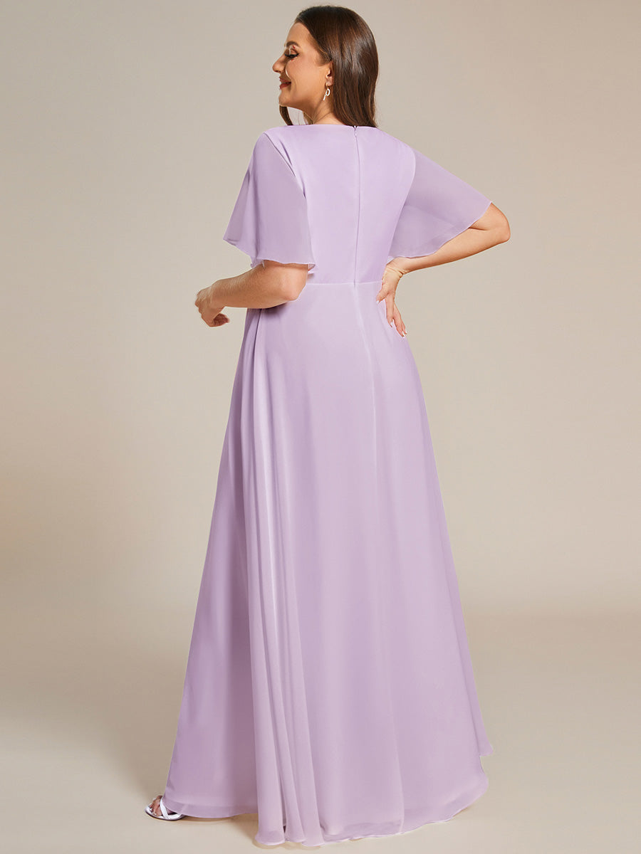 Plus Size Floral Applique Short Sleeve A-Line Chiffon Evening Dress #color_Frosted Lilac