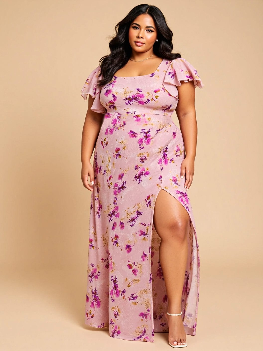 Floral Print Flutter Sleeve Side Split Maxi Formal Dresses #color_Light Purple Print