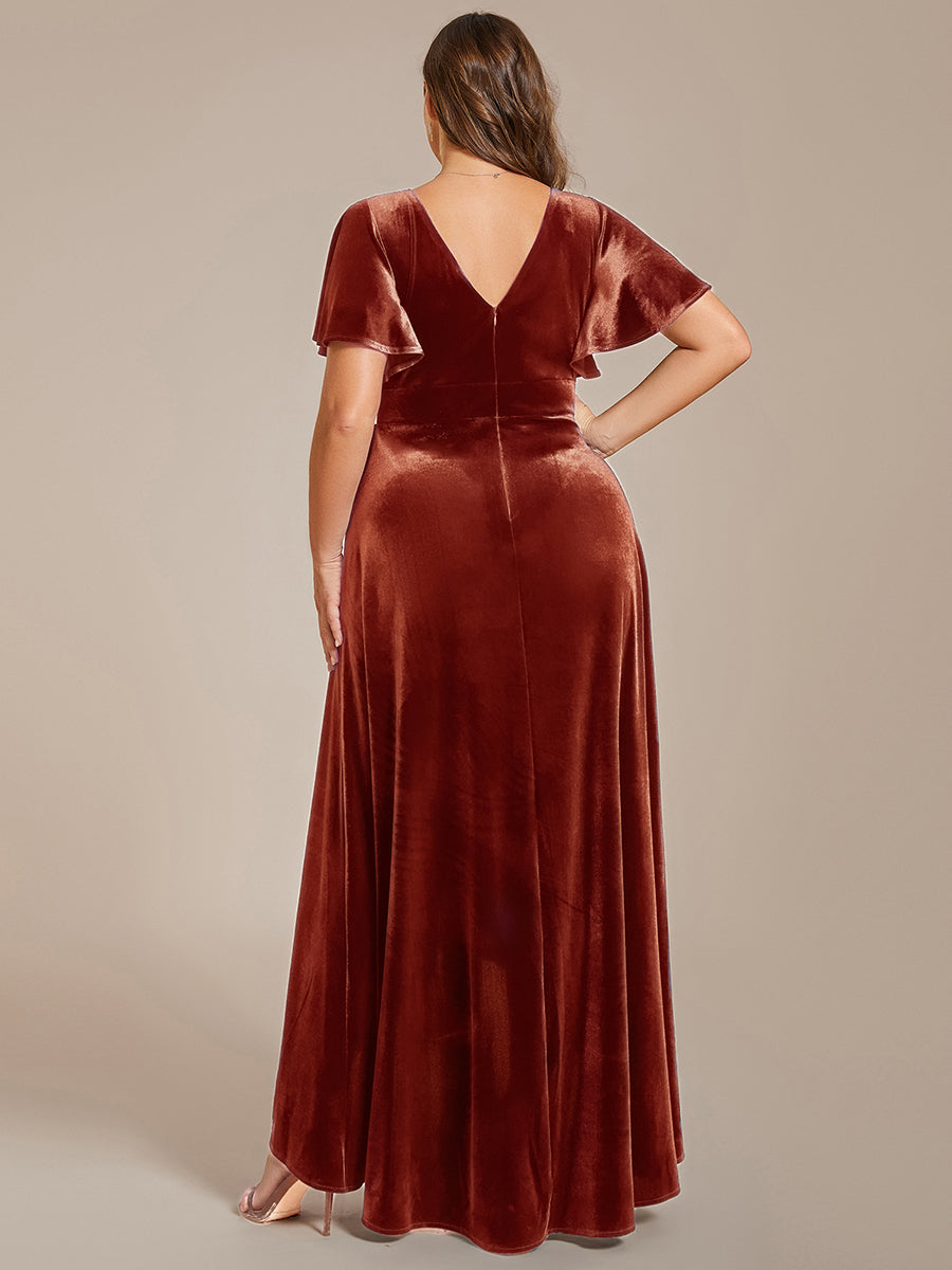 Plus Size Lotus Leaf Hem A-Line V-Neck Ruffles Sleeve Velvet Evening Dress #color_Brick Red
