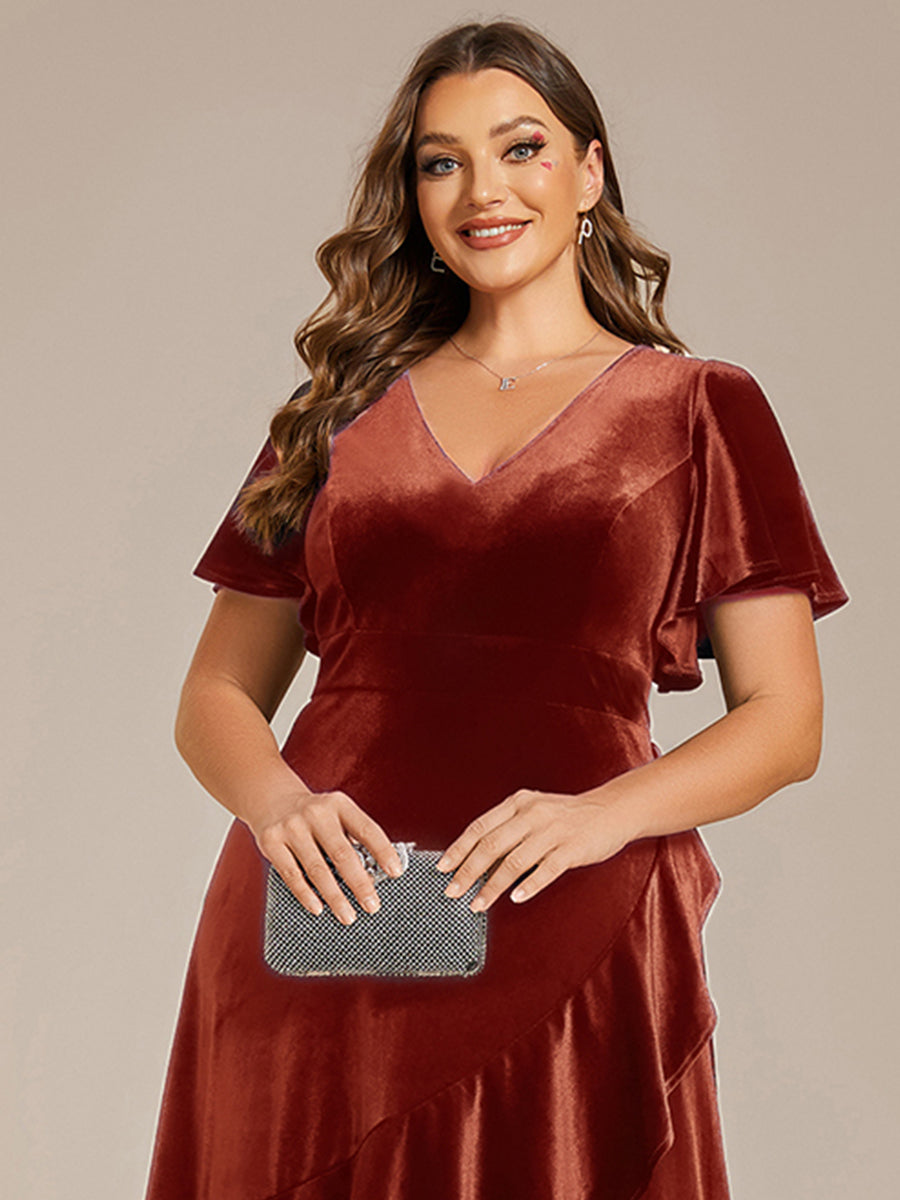 Plus Size Lotus Leaf Hem A-Line V-Neck Ruffles Sleeve Velvet Evening Dress #color_Brick Red