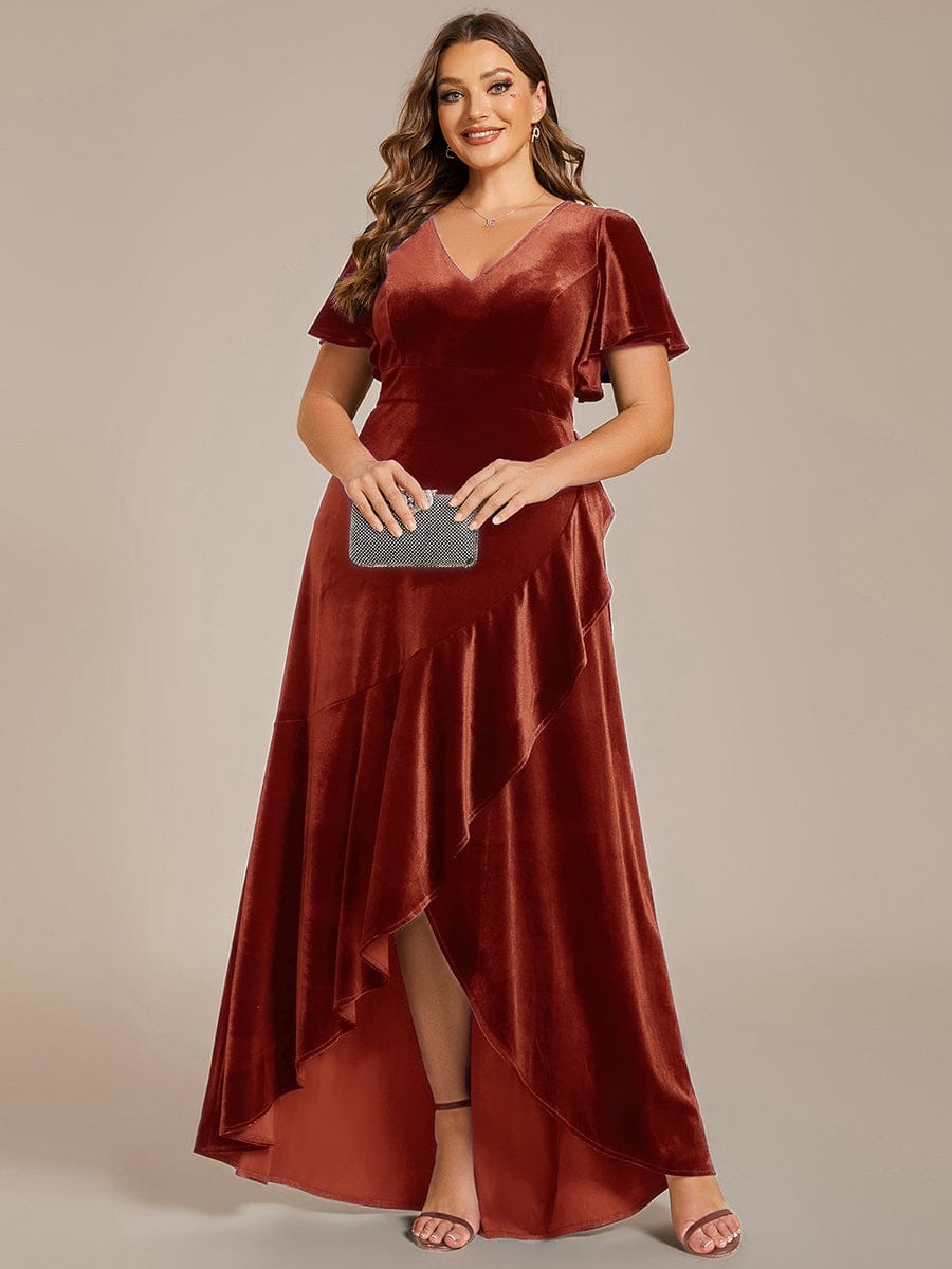 Plus Size Lotus Leaf Hem A-Line V-Neck Ruffles Sleeve Velvet Evening Dress #color_Brick Red