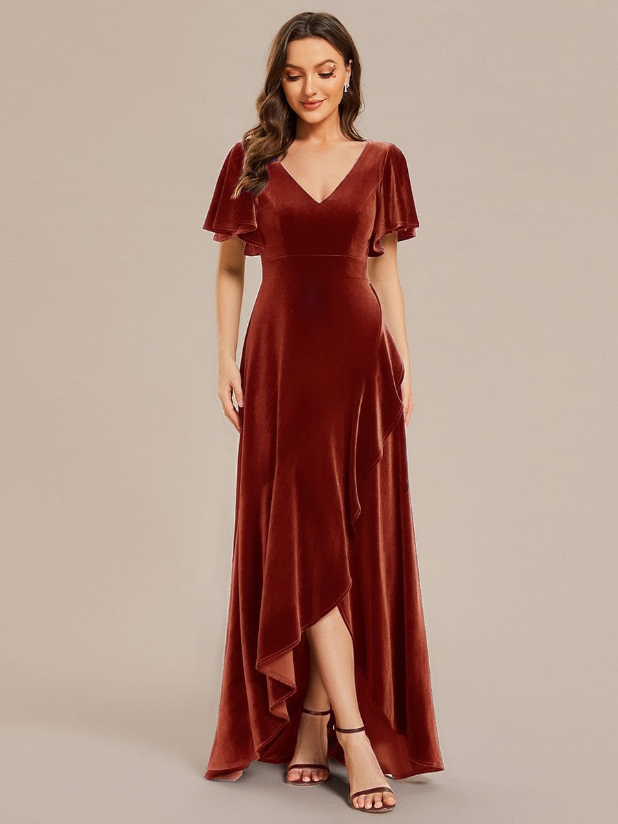 Double V-Neck Short Sleeves Stretchy Velvet Evening Dress with Lotus Leaf Hem #color_Brick Red
