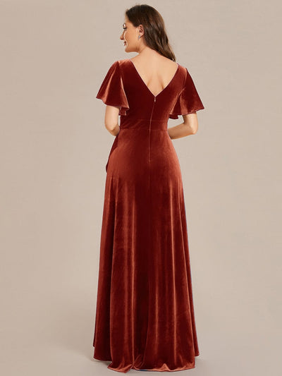 Double V-Neck Short Sleeves Stretchy Velvet Evening Dress with Lotus Leaf Hem #color_Brick Red
