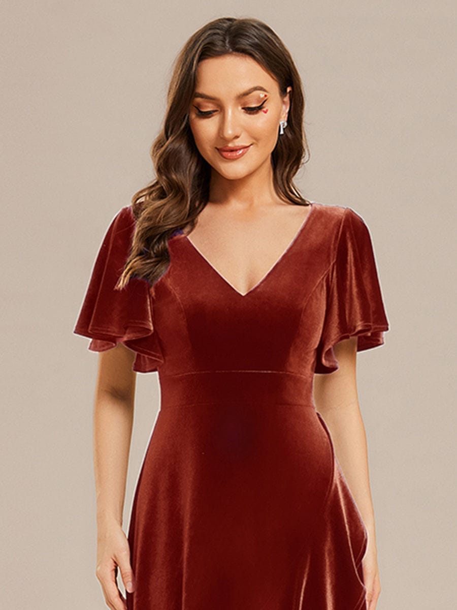 Double V-Neck Short Sleeves Stretchy Velvet Evening Dress with Lotus Leaf Hem #color_Brick Red