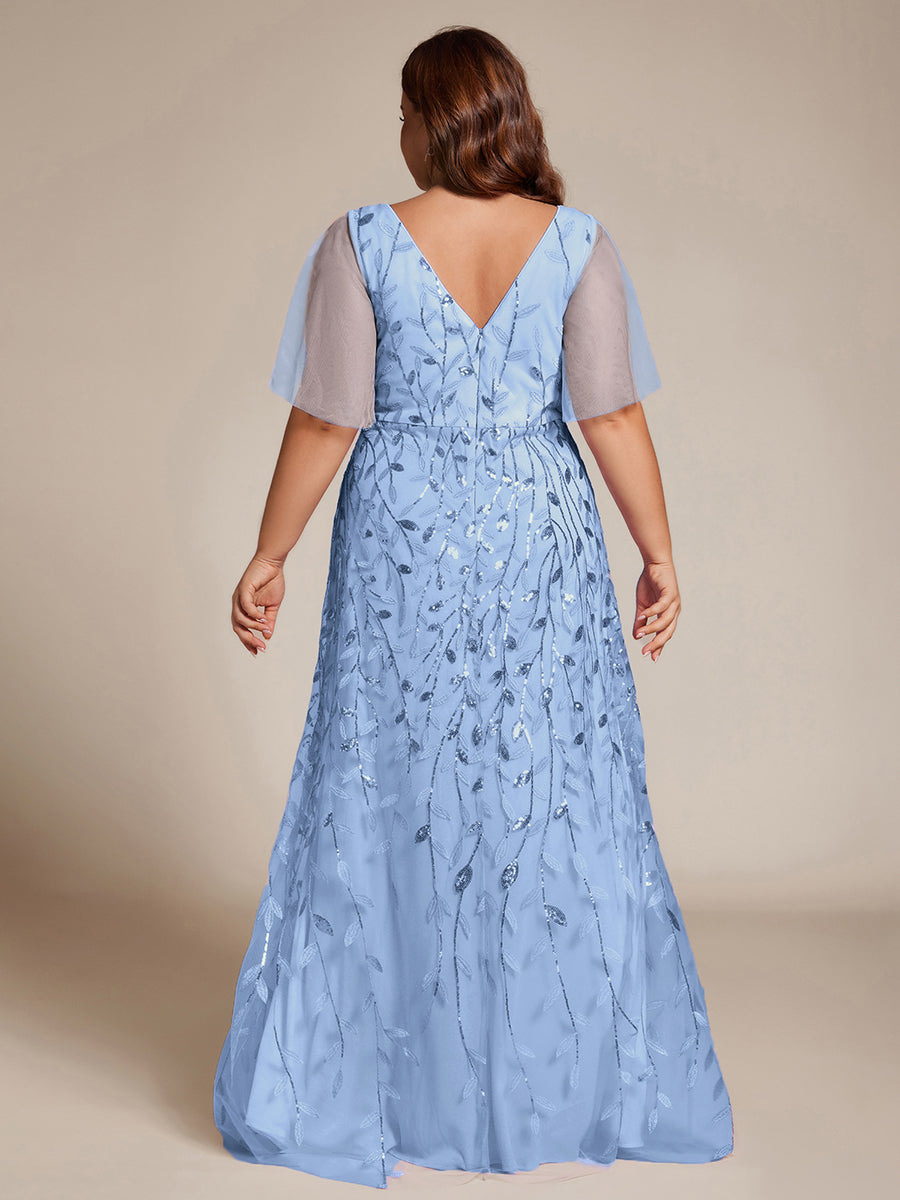 Plus Size Short Sleeves Sequin High Low V-Neck Midi Formal Evening Dress #color_Sky Blue