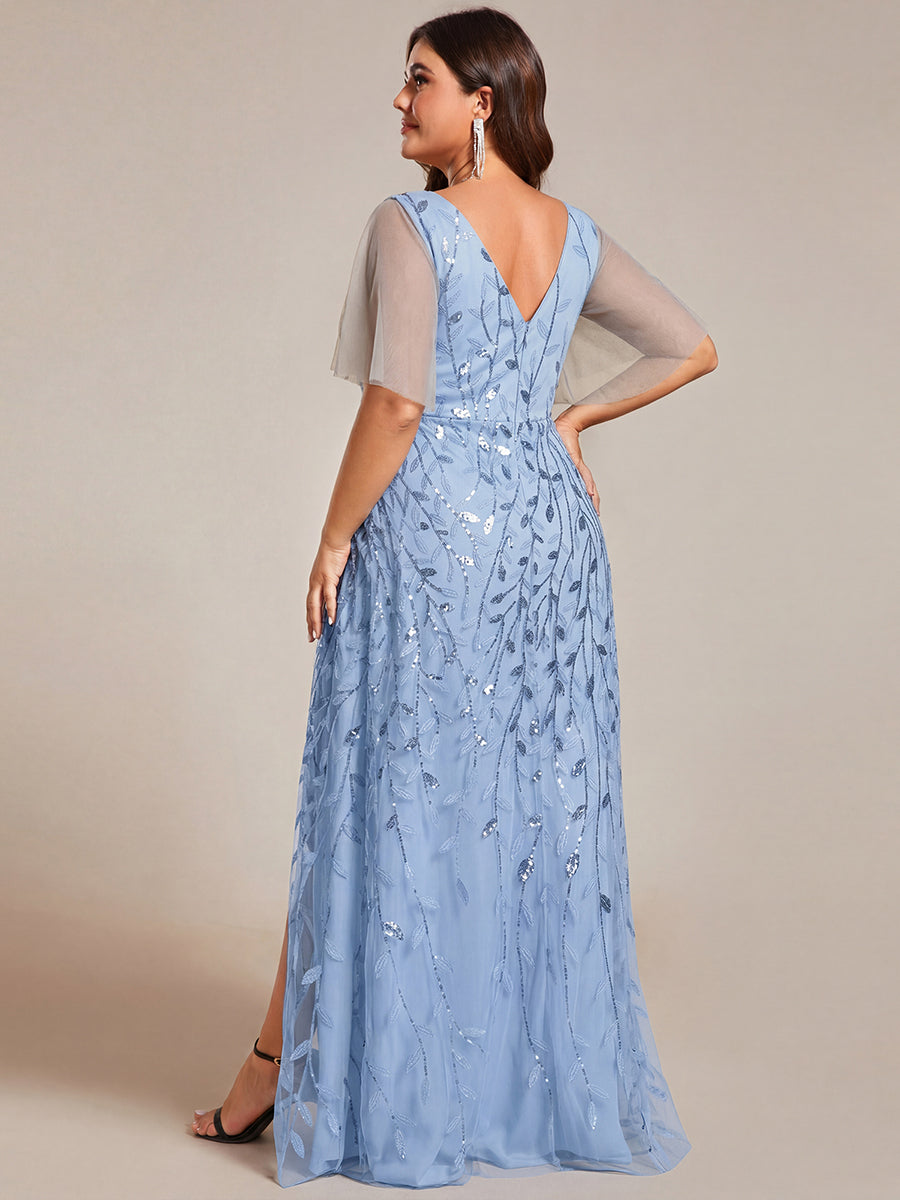 Short Sleeves Sequin High Low V-Neck Midi Formal Evening Dress #color_Sky Blue