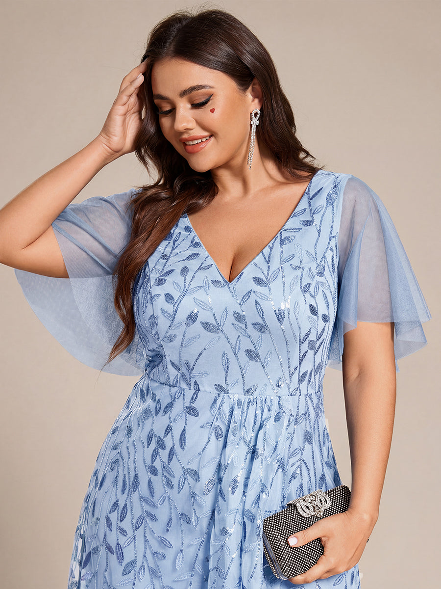 Short Sleeves Sequin High Low V-Neck Midi Formal Evening Dress #color_Sky Blue