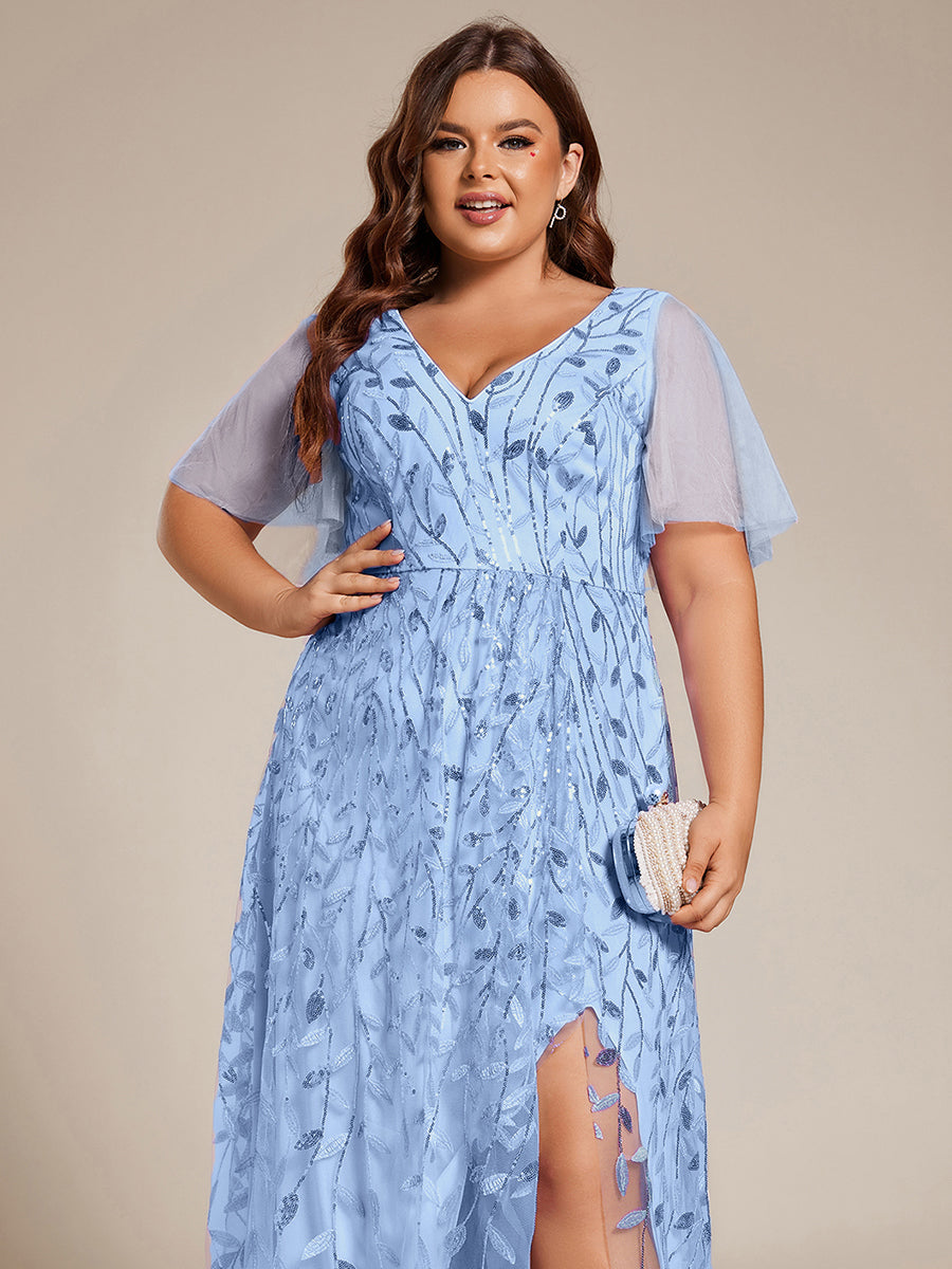 Plus Size Short Sleeves Sequin High Low V-Neck Midi Formal Evening Dress #color_Sky Blue