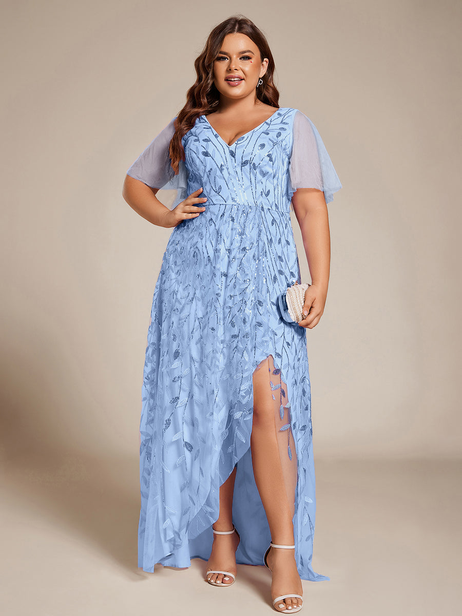 Short Sleeves Sequin High Low V-Neck Midi Formal Evening Dress #color_Sky Blue