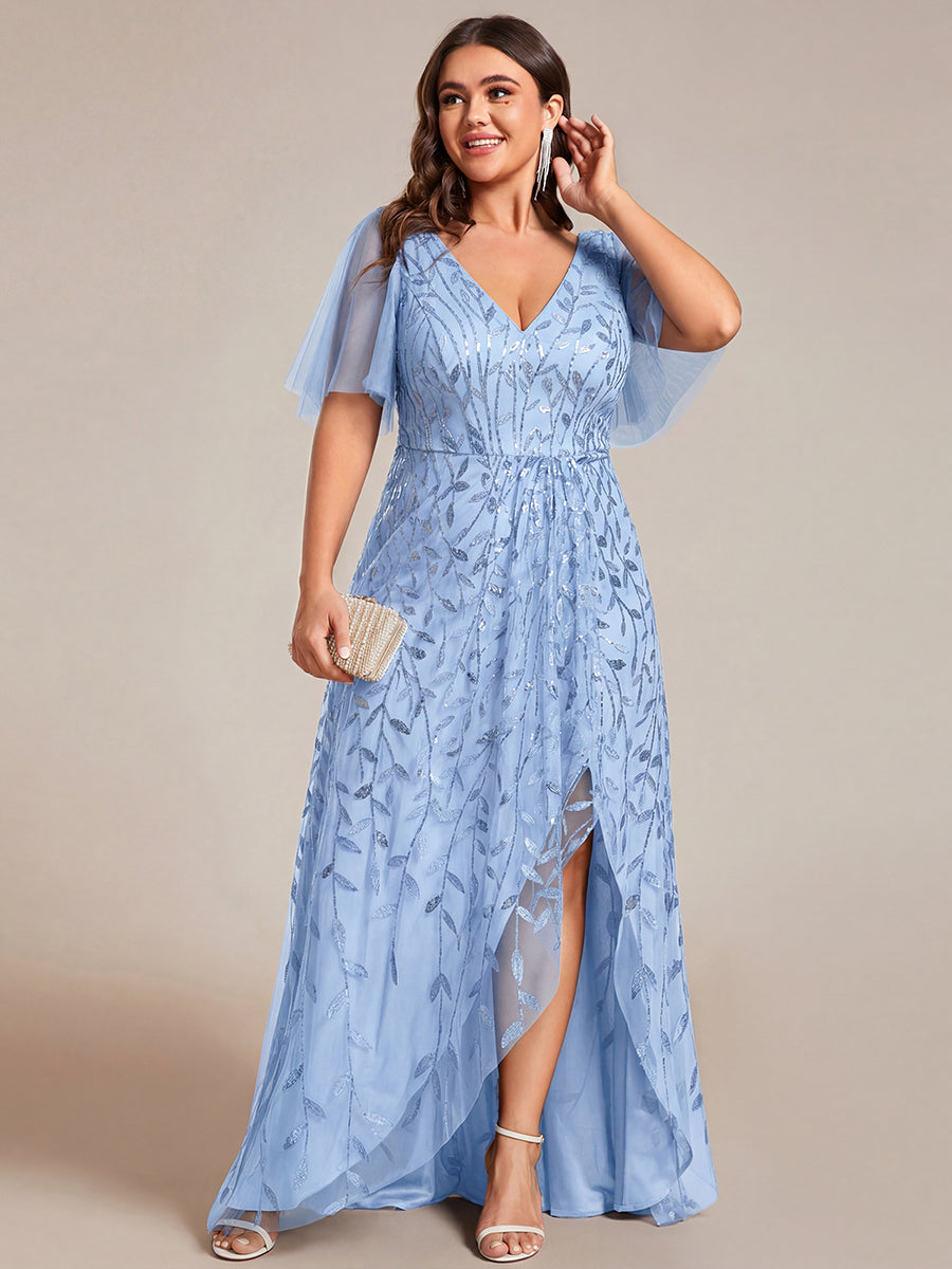 Short Sleeves Sequin High Low V-Neck Midi Formal Evening Dress #color_Sky Blue