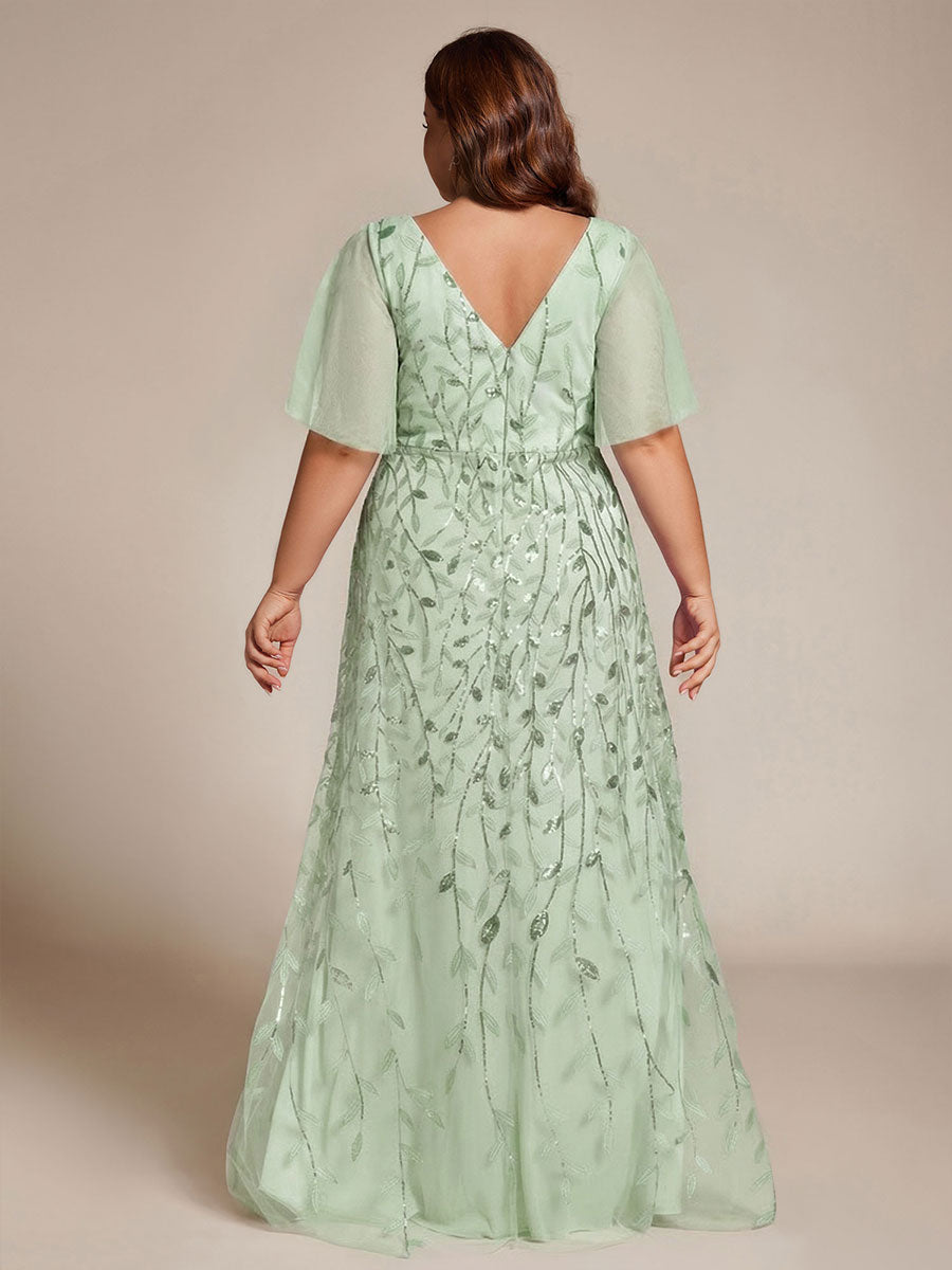 Plus Size Short Sleeves Sequin High Low V-Neck Midi Formal Evening Dress #color_Mint Green