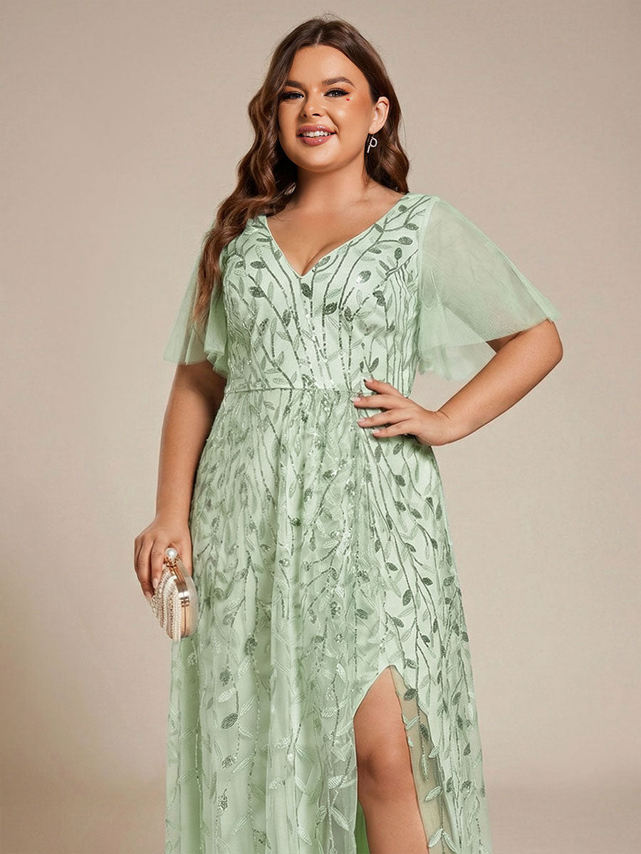 Plus Size Short Sleeves Sequin High Low V-Neck Midi Formal Evening Dress #color_Mint Green