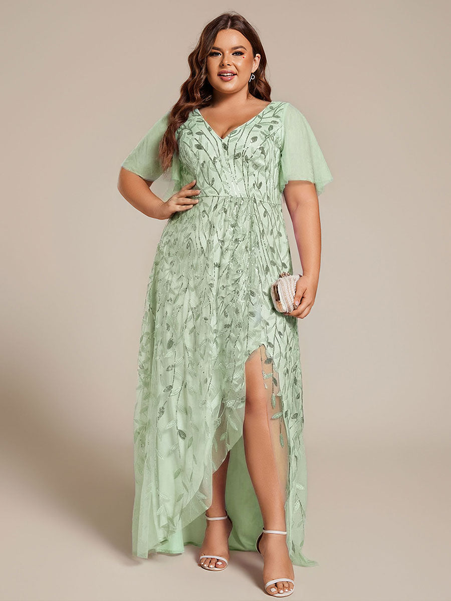 Plus Size Short Sleeves Sequin High Low V-Neck Midi Formal Evening Dress #color_Mint Green
