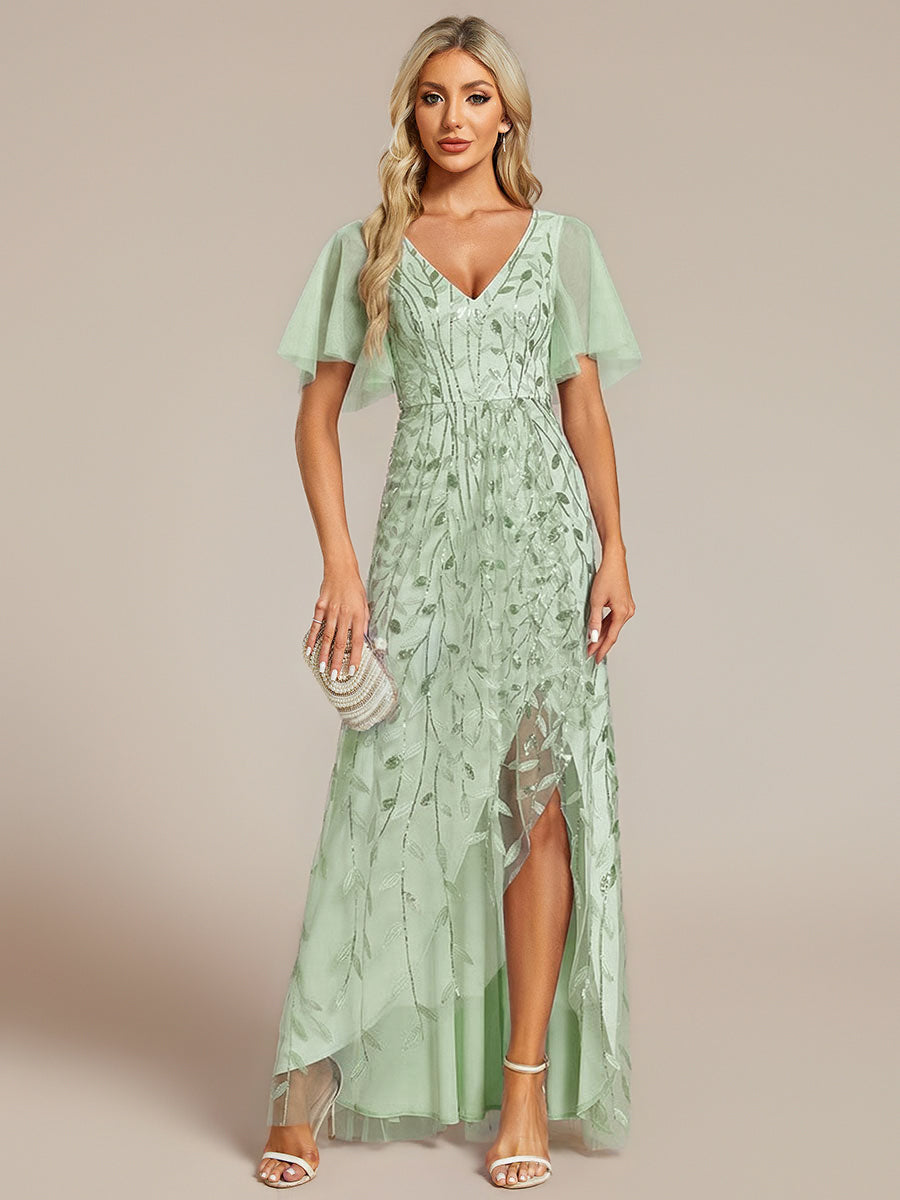 Short Sleeves Sequin High Low V-Neck Midi Formal Evening Dress #color_Mint Green
