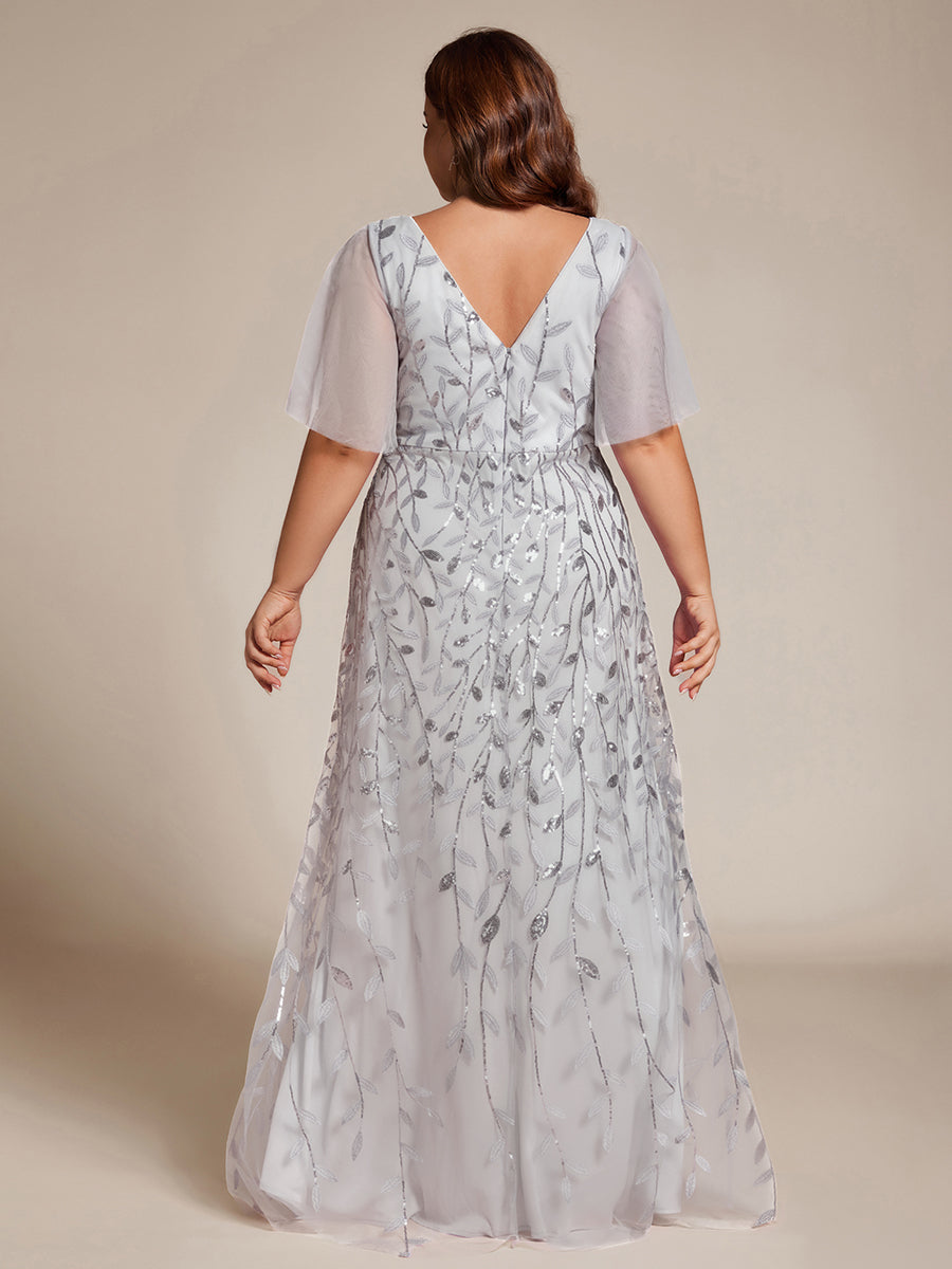 Plus Size Short Sleeves Sequin High Low V-Neck Midi Formal Evening Dress #color_Silver