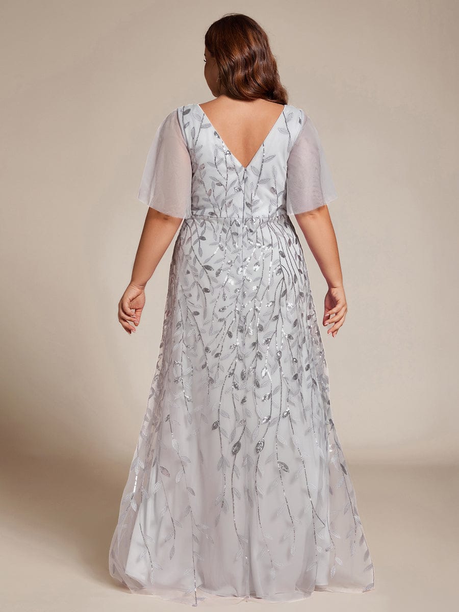 Plus Size Short Sleeves Sequin High Low V-Neck Midi Formal Evening Dress #color_Silver