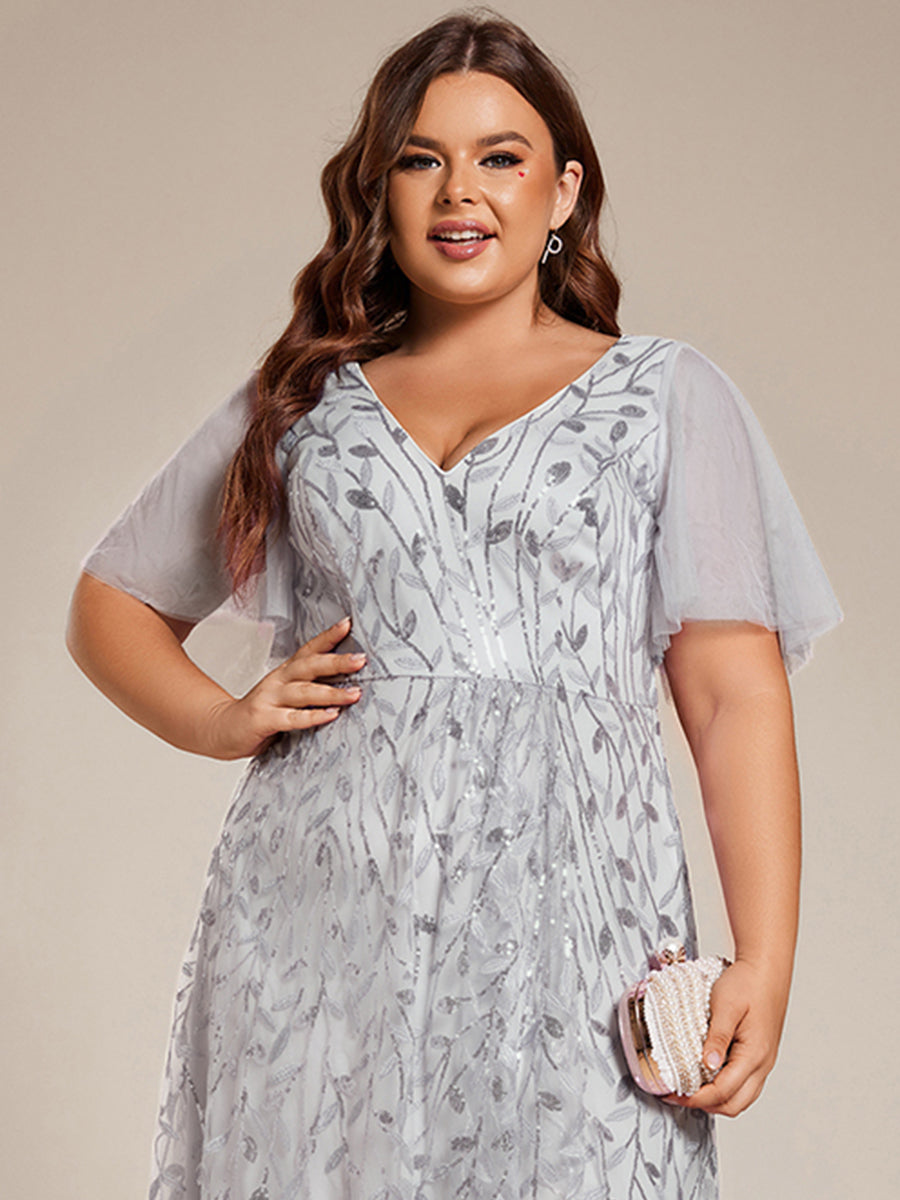 Plus Size Short Sleeves Sequin High Low V-Neck Midi Formal Evening Dress #color_Silver