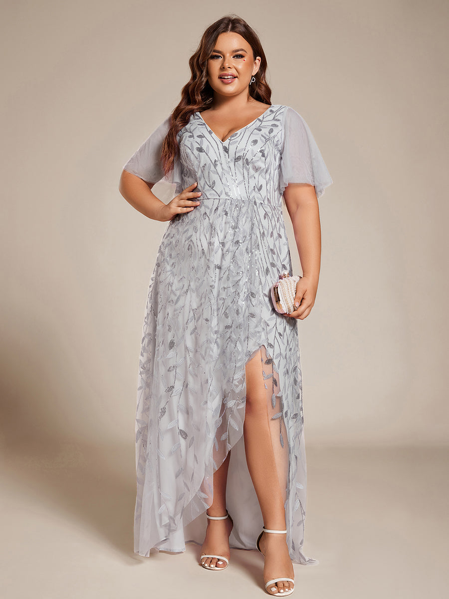 Plus Size Short Sleeves Sequin High Low V-Neck Midi Formal Evening Dress #color_Silver