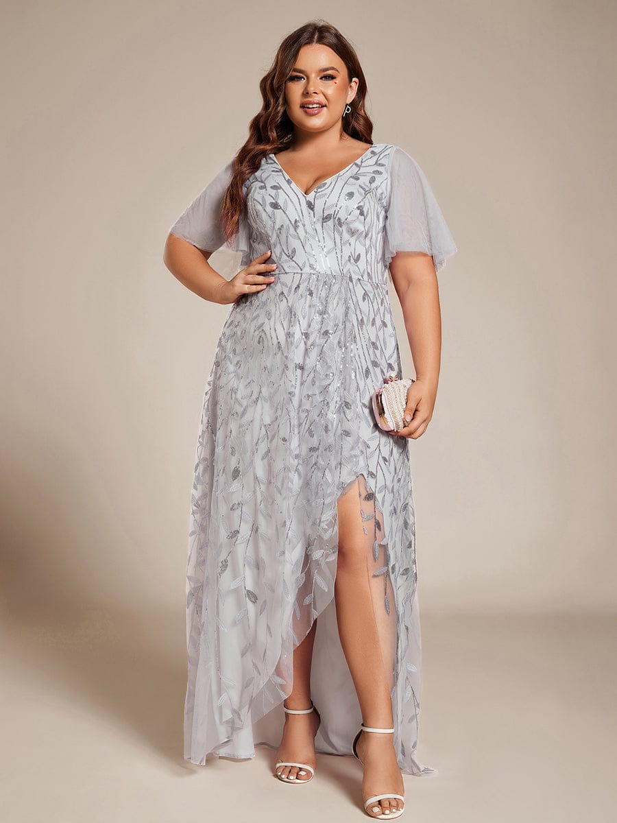 Short Sleeves Sequin High Low V-Neck Midi Formal Evening Dress #color_Silver